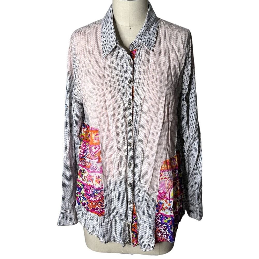 Aratta Silent Journey Patchwork Cotton Paisley Shirt Beaded Hem Detail Small